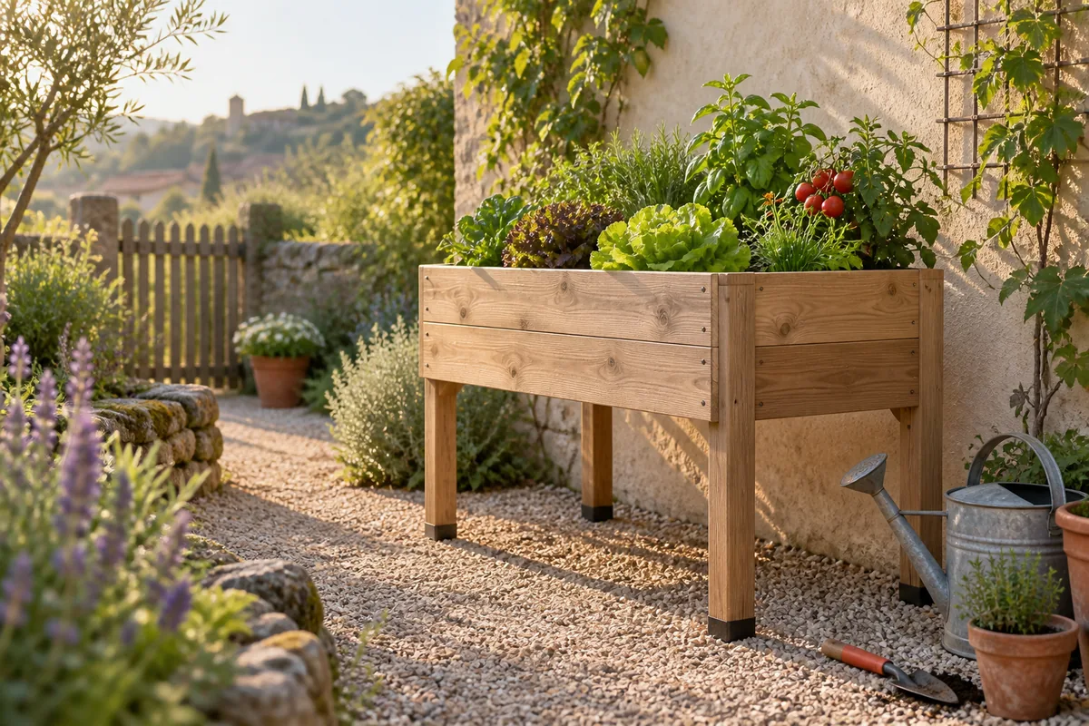 Potager sur pied en bois dans un jardin