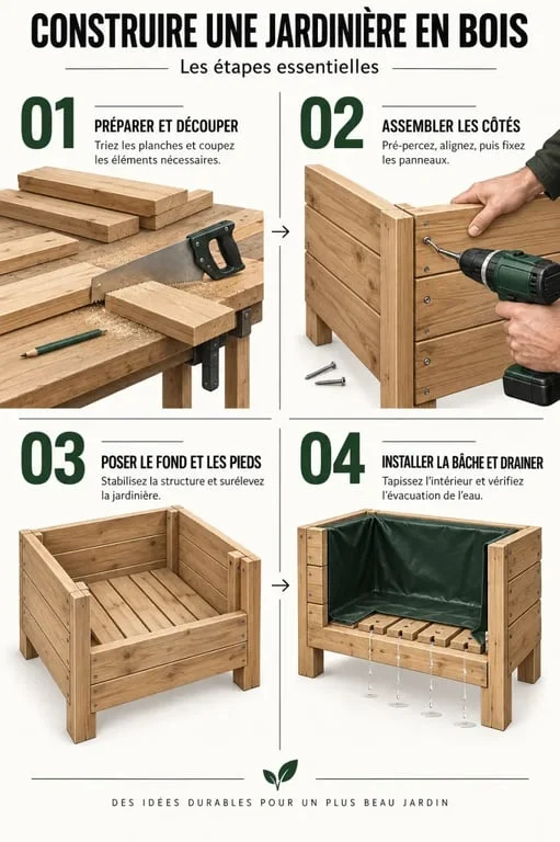Étapes pour construire une jardinière en bois avec assemblage et bâche intérieure