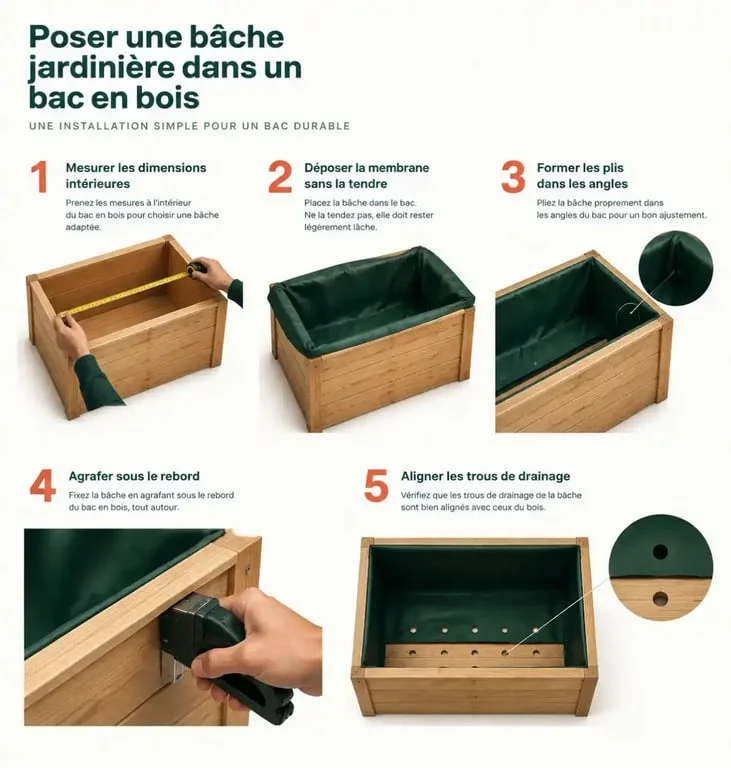 Étapes de pose d’une bâche jardinière dans une jardinière en bois avec drainage